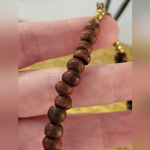 Artisan statement necklace wood brass studded studs disc's beads vintage boho - Picture 9 of 16